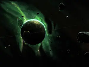 Satellites: A green planet surrounded by several larger and smaller ?