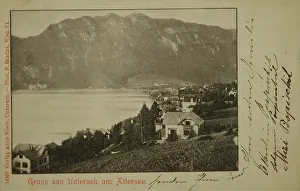 Unterach: Greeting card from Unterach at Attersee. View from the