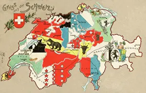Aug18: Greetings Postcard - Map of Switzerland - Cantons