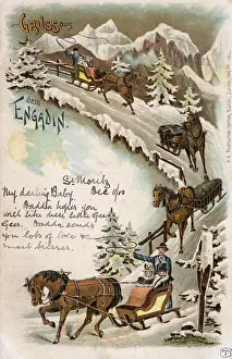 Engadine: Greetings postcard - Sledges in The Engadin