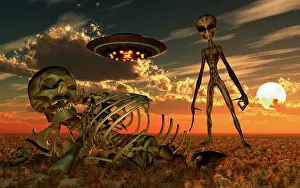 Voodoo: A Grey Alien looking at humanoid remains as a UFO flys ?