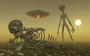 Spooky: A Grey Alien looking at humanoid remains as a UFO flys ?