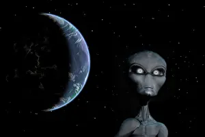 Spooky: A Grey Alien with planet Earth in the background