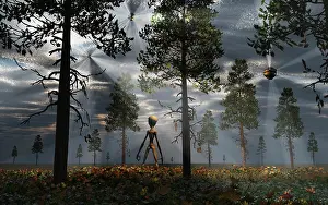 Aliens: A Grey Alien researcher exploring woodlands