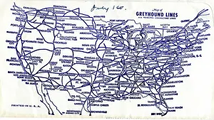 Ticket: Greyhound Lines, ticket wallet, USA routes map