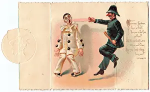 Pompom: Grinning policeman and clown on a Christmas card