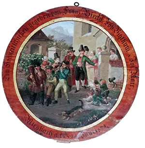 Bayerisches: Groom throws coins to the children