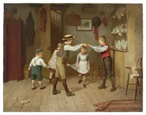 Brooker: A group of children playing the game oranges and lemons in a