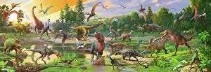 Pterosaur: A group of dinosaurs gather around a watering hole
