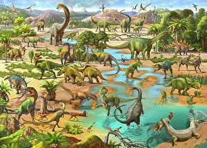 Triceratops: A group of dinosaurs gather around a watering hole