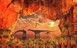 Boulder: A group of Diplodocus dinosaurs seen through a