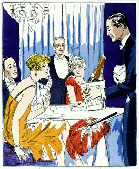 Retrograph: Group of elegant people being served champagne