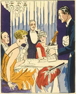 Retrograph: Group of elegant people being served champagne