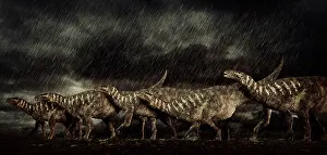 Iguanodont: A group of Iguanodons struggle through a storm