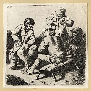 Master Painter: Group of men drinking and smoking, seated on bench