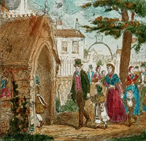 Relates: A group of people enter a church