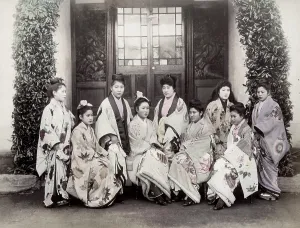 Prostitutes: A group of prostitutes in ornate kimonos, Japan