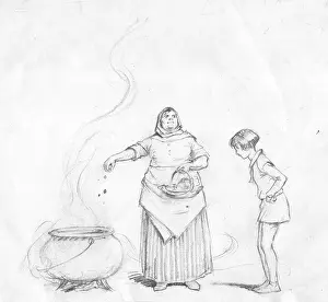 Ingredients: A grumpy old woman drops ingredients into a cauldron