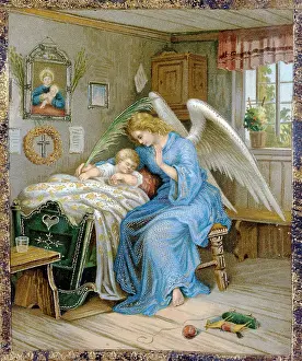 Sainted: Guardian angel with sleeping child