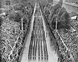 Beefeaters: Guards processing on the Coronation route, 1953