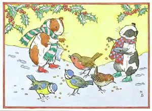 Two guinea pigs feeding bread to birds