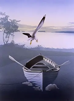 Airbrush: Gull swoops above an empty rowing boat