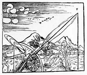 Believed: Gunner firing a cannon. The path of the projectile