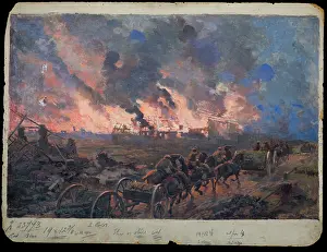 Matania: Gunners passing burning buildings, by Ugo Matania, WW1