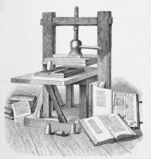 1440: Gutenberg's press, with books