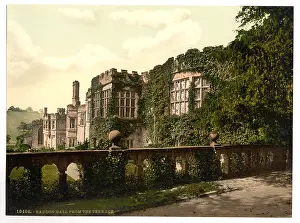Haddon: Haddon Hall, from terrace steps, Derbyshire, England