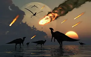 Blazing: Hadrosaurs graze peacefully as burning meteors fall through