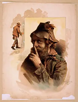 C1890: Half length image of bearded tramp in hat, touching finger t