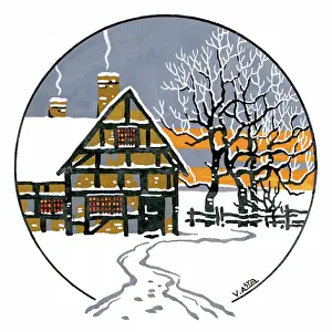 Half Timbered: Half-timbered house and trees in the snow