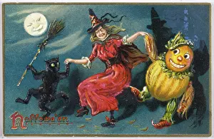 Broomstick: Halloween: witch, cat and pumpkin dance together