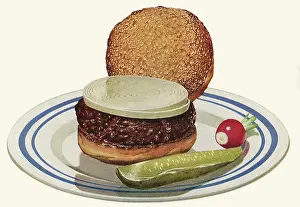 Luncheon: Hamburger with Onions and Pickle