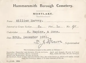 Mortlake: Hammersmith Borough Cemetery interment card