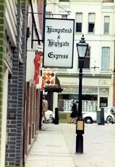 Perrins: Hampstead & Highgate Express sign in Hampstead, London