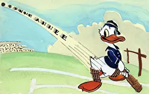 Cricketing: Hand-drawn and painted postcard featuring a cricketing Duck