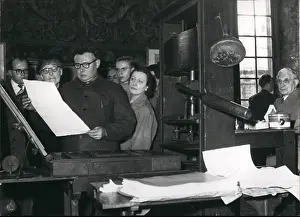 Plantin: Hand printing press demonstrated at exhibition, Paris