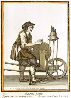 Grindstone: handcraft, knife grinder, coloured copper engraving