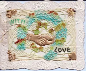 Forgetmenot: Hands and blue flowers on a romantic greetings card