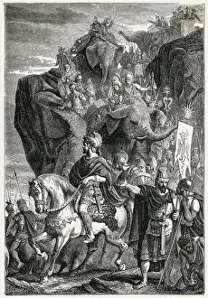 Hannibal: Hannibal crossing the Alps with his army and elephants