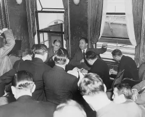 Decided: Hans Dieckhoff during a press conference, 1938
