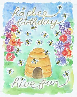 Hive: hapbee birthday e hive fun - bee hive with bees and flowers