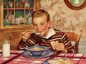 Dwellers: Happy Boy eating Soup and Crackers