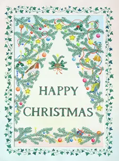 Baubles: Happy Christmas with Christmas tree boughs