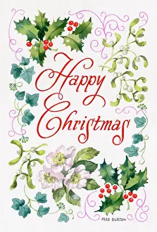 Happy Christmas with holly, mistletoe, ivy and Christmas ros