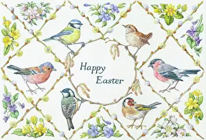 Happy Easter " Six birds with spring flowers
