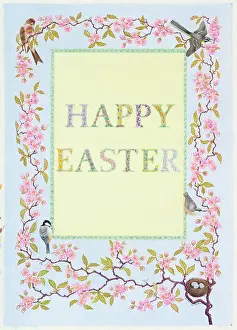 Nuthatch: Happy Easter with cherry blossom and birds