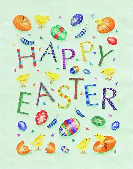 Happy Easter with eggs and chicks